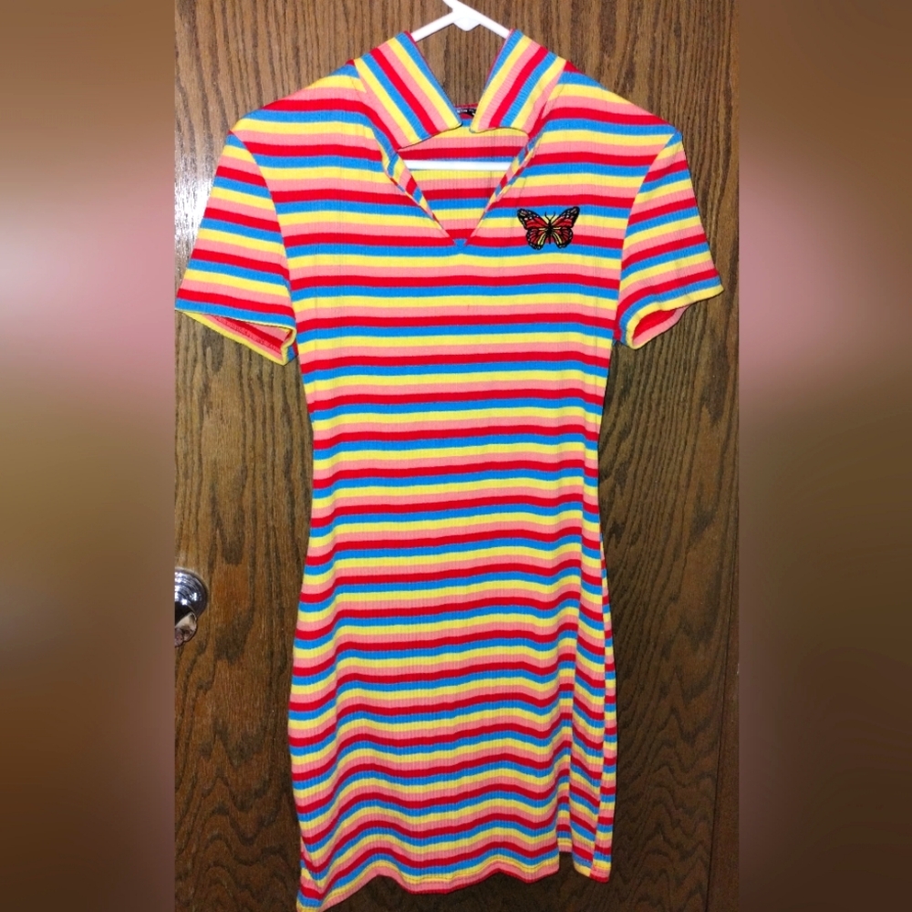 Rainbow Striped Bodycon Short Sleeve Dress with Butterfly Embroidery